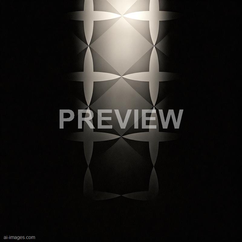 The image features an abstract geometric pattern composed of interconnected shapes in shades of gray and white, set against a dark background. The pattern appears symmetrical, with overlapping elliptical and diamond-like forms creating a sense of depth and complexity, illuminated from above, casting subtle shadows and gradients that enhance the three-dimensional effect.